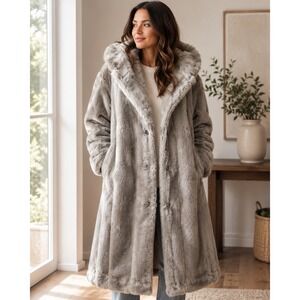 Vintage Gray Faux Fur Maxi Coat Long Plush Winter Statement Size XL